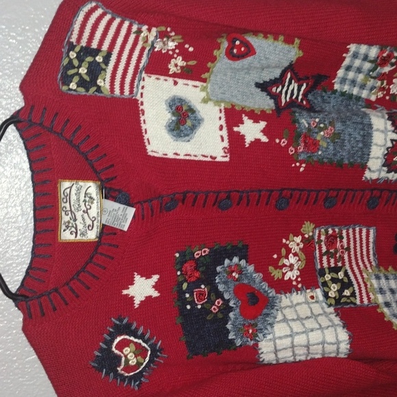 Heirloom Collectibles Knit Red Patchwork Patriotic Cardigan Cotton Blend S - Picture 2 of 8